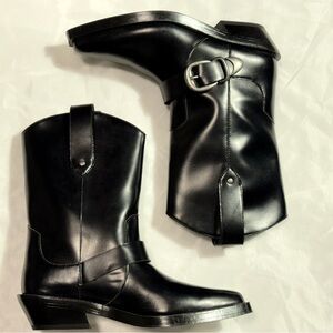 H&M Black Leather Mid-Calf Buckle Boots